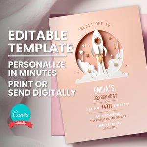 Faire-part d'anniversaire fusée pour une fête dans l'espace, décollage, modèle modifiable, Evite numérique, carte d'anniversaire imprimable, téléchargement immédiat