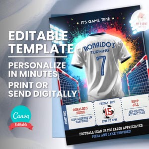 Fußball-Trikot-Geburtstagseinladung, bearbeitbares Alter Jersey, Kinder-Fußball-Geburtstags-Party einladen, digitale Vorlage, druckbare Karte, Sofort-Download