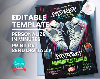 Sneaker Painting Invitation, Neon Birthday Party, Editable Template, Digital Invite, Instant Download
