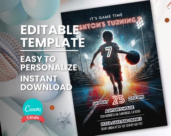 Basketball Birthday Invitation, Editable Age, Basketball Player Birthday, Printable Digital Template, Mobile Invite, Canva Instant Download