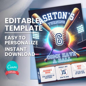 Honkbal verjaardagsuitnodiging, honkbalwedstrijd ticket uitnodigen, elke leeftijd bewerkbare digitale sjabloon, Instant Download, afdrukbare Bday Party Card