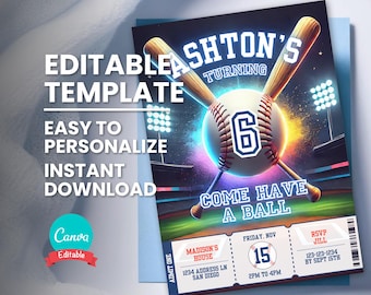 Baseball Birthday Invitation, Baseball Game Ticket Invite, Any Age Editable Digital Template, Instant Download, Printable Bday Party Card