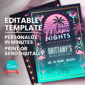 Ensemble d'invitations EVJF Miami, Miami Nights Bach Party inviter & itinéraire, modèle numérique modifiable, carte imprimable, téléchargement immédiat