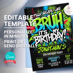 Bruh It's My verjaardagsuitnodiging, elke leeftijd, elk thema bewerkbare sjabloon, afdrukbare neon verjaardagskaart, digitale feestuitnodiging, Instant Download