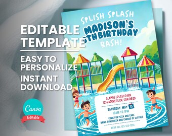 May include: A blue and white birthday party invitation with the text "Splish Splash Madison's 5th Birthday Bash!" and a colorful illustration of a water park with children playing. The invitation includes event details.