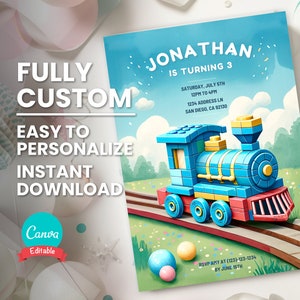 May include: A custom birthday invitation featuring a blue toy train on tracks, set against a sky background. The invitation reads "JONATHAN IS TURNING 3" with event details. Includes the text "FULLY CUSTOM, EASY TO PERSONALIZE, INSTANT DOWNLOAD".