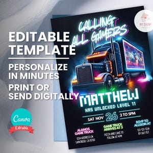 Convite de aniversário de caminhão de videogame, qualquer idade, festa de jogador neon, modelo editável, convite digital, cartão de aniversário para impressão, download instantâneo