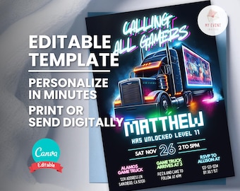 Può includere: Un invito a una festa di videogiochi dai colori al neon. L'invito presenta un'immagine di un camion con un'immagine di un videogioco sul retro. Il testo sull'invito recita "Calling All Gamers" e "Matthew Has Unlocked Level 11". La festa è prevista per sabato 26 novembre dalle 14:00 alle 17:00. L'invito include anche l'indirizzo dell'evento e un contatto per RSVP.