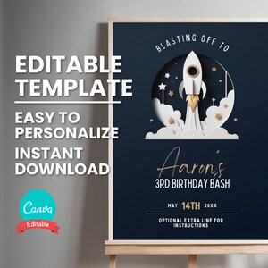 Rocket Ship Party Willkommensschild für Weltraum-Geburtstagsfeier, Rocket Blast Off Party Poster Vorlage, Party Decor Passendes Bundle Avail