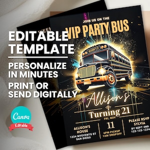 Faire-part en bus avec itinéraire, invitation anniversaire VIP week-end, modèle numérique, flyer Evite modifiable, carte imprimable, téléchargement immédiat