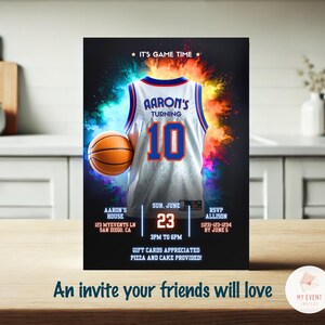 May include: A basketball-themed birthday party invitation with a white basketball jersey with blue and orange accents. The jersey has the text "AARON'S TURNING 10" on the front. The invitation includes details about the party, including the date, time, location, and RSVP information.