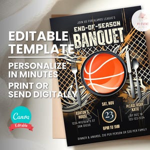Inbjudan till bankett för basketbollssäsongsavslutning, bankettinbjudan för sportlag, redigerbar mall, digitalt evenemang, utskrivbar flygblad, direktnedladdning