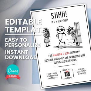 Faire-part d'anniversaire surprise, tout âge, il s'agit d'une tromperie élaborée, modèle modifiable, invitation numérique, carte d'anniversaire imprimable, téléchargement immédiat