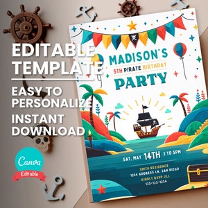 Faire-part de fête pirate pour enfant Faire-part d'anniversaire pirate, carte d'invitation personnalisée imprimable à télécharger pour fête d'anniversaire bateau pirate