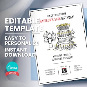 Faire-part de fête d'anniversaire adulte, invitation drôle de tout âge, où les bougies sont plus nombreuses que les invités, modèle numérique imprimable, téléchargement immédiat
