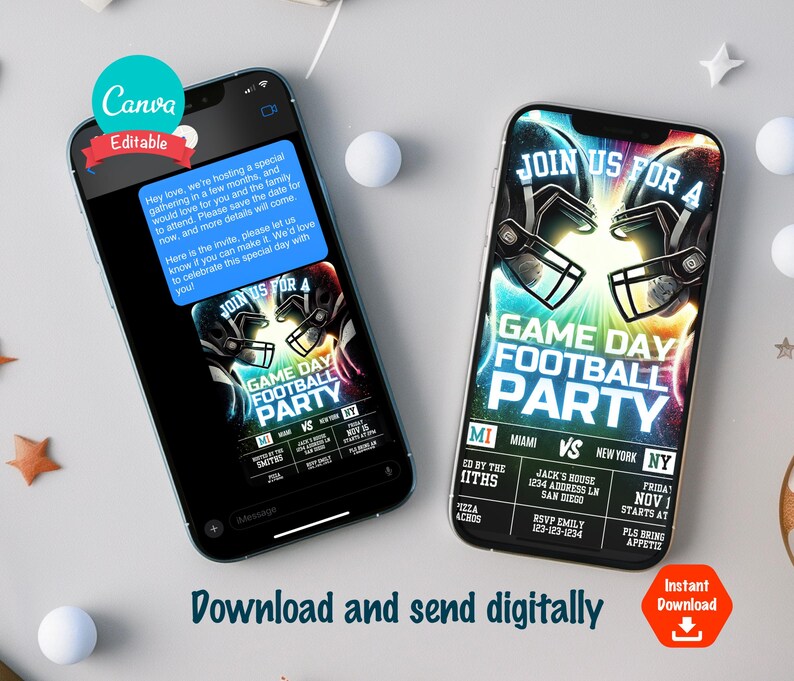 May include: A digital invitation for a football game day party. The invitation features a graphic of two football helmets clashing with a neon blue and green background. The text "Join us for a Game Day Football Party" is displayed in a bold, white font. The invitation includes details such as the date, time, location, and RSVP information.