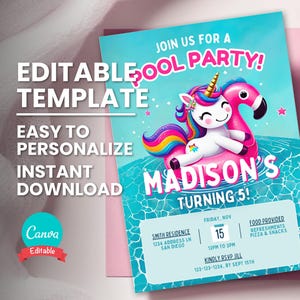 Unicorn Pool Party Invite, Pink Flamingo Splish Splash Birthday Bash, Editable Template, Digital Evite, Printable Bday Card Instant Download