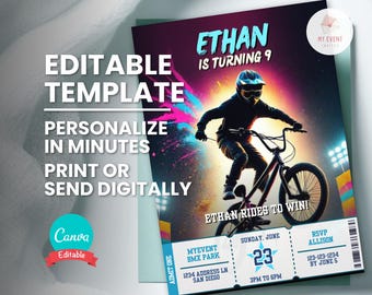 BMX Birthday Invitation, Editable Bike Ticket Template, Neon Stadium Party Invite, Personalize Name Age, Instant Download Canva