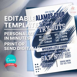 Tryout Invitation, Any Sport Team League Association Invite, Navy Silver Editable Template, Printable Flyer, Digital Evite Instant Download