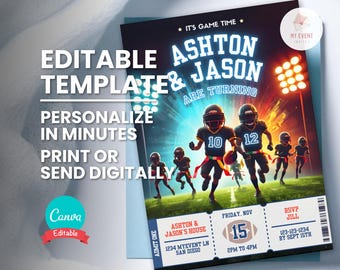 Flag Football Birthday Invitation, Twins Brothers, Editable Digital Template, Printable Card, Instant Download