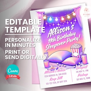 Uitnodiging sleepover meisje, meisjesnacht slaapfeestje slapen, digitale sjabloon, bewerkbare uitnodiging voor feest, direct downloaden, afdrukbare kaart