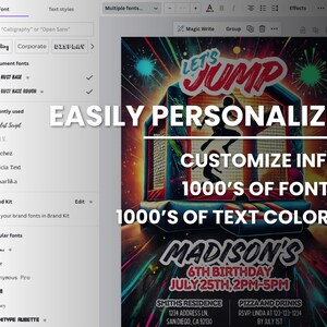 May include: A colorful invitation for a child's birthday party with the text "Let's Jump" and "Madison's 6th Birthday" in a bright, neon-colored font. The invitation features a cartoon image of a child jumping on a bouncy house with fireworks in the background. The text "July 25th, 2PM-5PM" is also included.