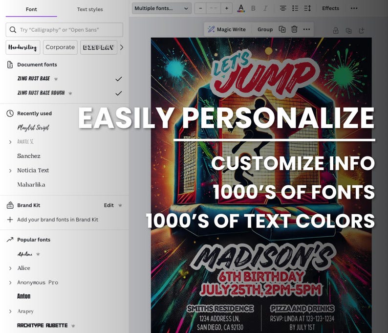 May include: A colorful invitation for a child's birthday party with the text "Let's Jump" and "Madison's 6th Birthday" in a bright, neon-colored font. The invitation features a cartoon image of a child jumping on a bouncy house with fireworks in the background. The text "July 25th, 2PM-5PM" is also included.
