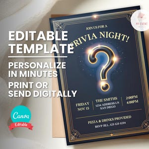 Invitación a juegos de trivia, invitación a una fiesta de trivia nocturna, evento escolar familiar en el vecindario, plantilla editable, folleto imprimible, descarga instantánea