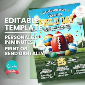 Convite para o Field Day, Convite para o Field Day Esportivo, Modelo Editável, Evite Eletrônico Digital, Cartão Flyer para Impressão, Download Instantâneo