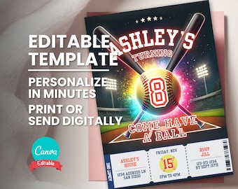 Invitación de cumpleaños con temática de sóftbol, invitación con forma de entrada para un partido de sóftbol, plantilla digital editable para cualquier edad, tarjeta de cumpleaños imprimible, descarga instantánea.