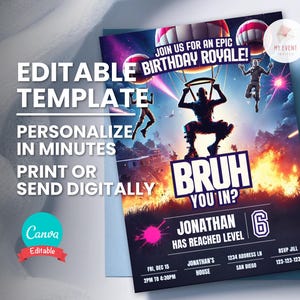 Convite de aniversário de videogame, convite para festa de aniversário de jogador de gênio, modelo editável, cartão de aniversário para impressão, convite digital, download instantâneo