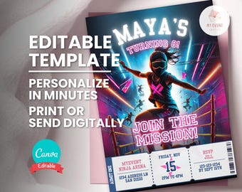Ninja Birthday Invitation, Editable Warrior Ticket Template, Neon Obstacle Course Party Invite, Personalize Name Age, Instant Download