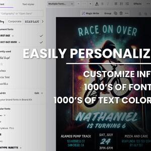 May include: A colorful birthday party invitation with a graphic of a boy riding a BMX bike. The text reads "Race on Over" and "Nathaniel is turning 6". The invitation includes details about the party, including the date, time, location, and RSVP information.