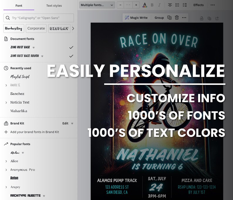 May include: A colorful birthday party invitation with a graphic of a boy riding a BMX bike. The text reads "Race on Over" and "Nathaniel is turning 6". The invitation includes details about the party, including the date, time, location, and RSVP information.