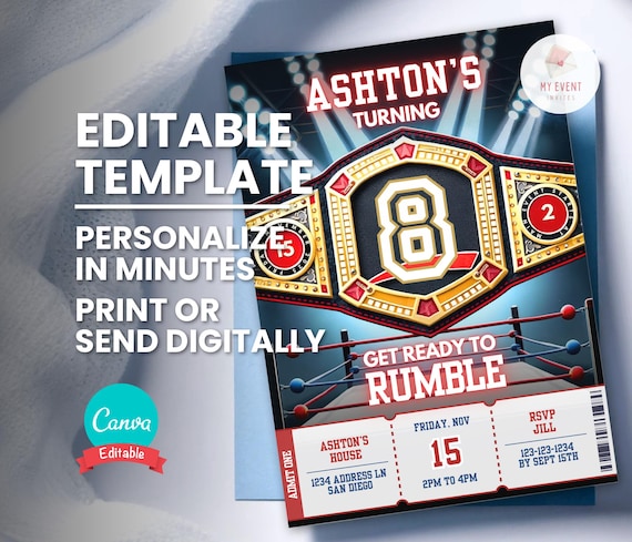 Wrestling Birthday Invitation, Editable Championship Belt, Boxing MMA Ticket Invite, Digital Template, Printable Bday Card, Instant Download