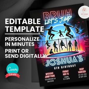 Bruh Let's Jump Trampoline Birthday Invitation, Festa no parque de trampolim, Modelo editável, Convite digital, Cartão para impressão, Download instantâneo