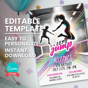 Trampolin-Geburtstagseinladung, Mädchen Let's Jump Party einladen, bearbeitbare Vorlage, digitales Evite, druckbare Geburtstagskarte, sofortiger Download