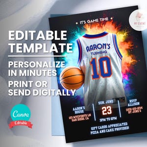 Faire-part d'anniversaire de basket-ball, maillot de tout âge, invitation à une fête de joueur de ballon-ball, modèle modifiable, carte imprimable, téléchargement immédiat