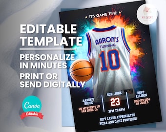 Basketball Birthday Invitation, Any Age Jersey, Bball Player Party Invite, Editable Template, Printable Card, Digital Evite Instant Download