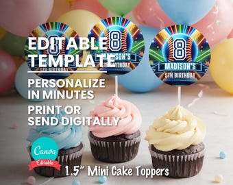 Neon Baseball Cake Topper: Printable Birthday Party Decor (1.5" Cupcake Accessory)
