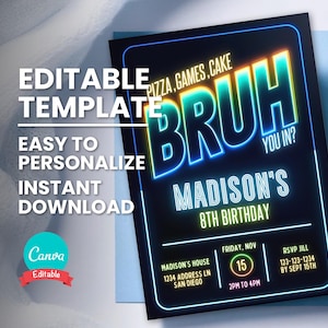 Neon Bruh verjaardagsuitnodiging, elke leeftijd, elk thema digitale sjabloon, bewerkbare gloed feestuitnodiging, Instant Download, afdrukbare verjaardagsuitnodiging kaart