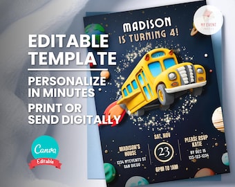 School Bus Party Invitation, Outer Space Birthday, Editable Template, Instant Digital Download