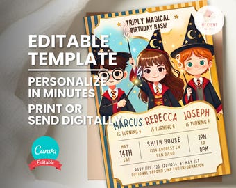 Triple Wizard Birthday Party Invitation: Joint Boy Girl Boy, Editable Template (Instant Download)