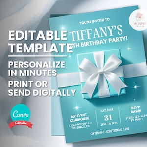Tiffany verjaardagsuitnodiging, geschenkdoos uitnodigen, elke leeftijd bewerkbare sjabloon, afdrukbare verjaardagskaart, digitale elektronische Evite, Instant Download