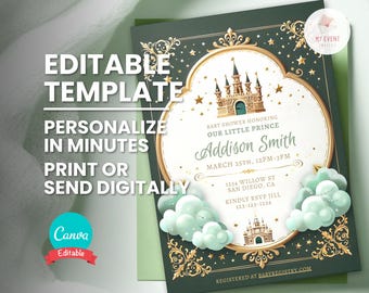 Little Prince Baby Shower Invitation, Royal Castle Invite, Editable Template, Printable Invite Card, Instant Download