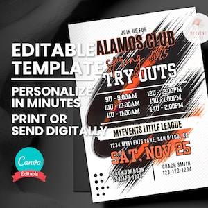 Tryout Invitation, Any Sport Team League Association Invite, Orange Black Editable Template, Printable Flyer, Digital Evite Instant Download