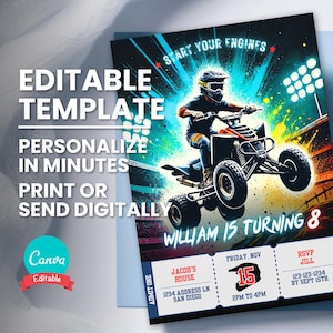ATV Geburtstagseinladung, Quad Bike Party Ticket einladen, bearbeitbare Textvorlage, druckbare Geburtstagskarte, digitaler Text Evite, Sofort Download