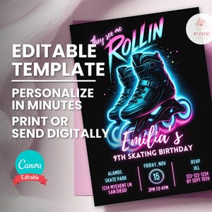 Rollerblade Party Einladung, Neon Skate Geburtstagsparty, bearbeitbare Vorlage, druckbare Geburtstagskarte, digitale elektronische Evite, Sofort Download