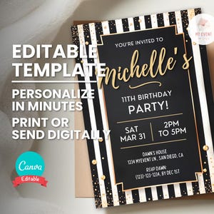 Convite de aniversário clássico, modelo digital para qualquer idade ou tema, convite para festa editável, cartão de aniversário para impressão, download instantâneo, festa de maquiagem