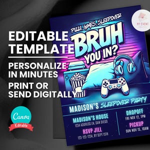 Invitation soirée pyjama Bruh, soirée entre garçons ou week-end de jeux vidéo modèle numérique, invitation à une fête modifiable, téléchargement immédiat, carte imprimable